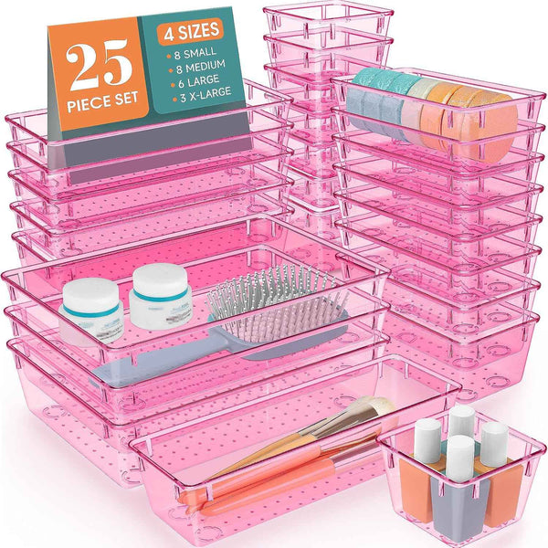 WOWBOX 25 PCS Clear Plastic Drawer Organizer Set, 4 Sizes Desk Drawer Divider Organizers and Storage Bins for Makeup, Jewelry, Gadgets for Kitchen, Bedroom, Bathroom, Office