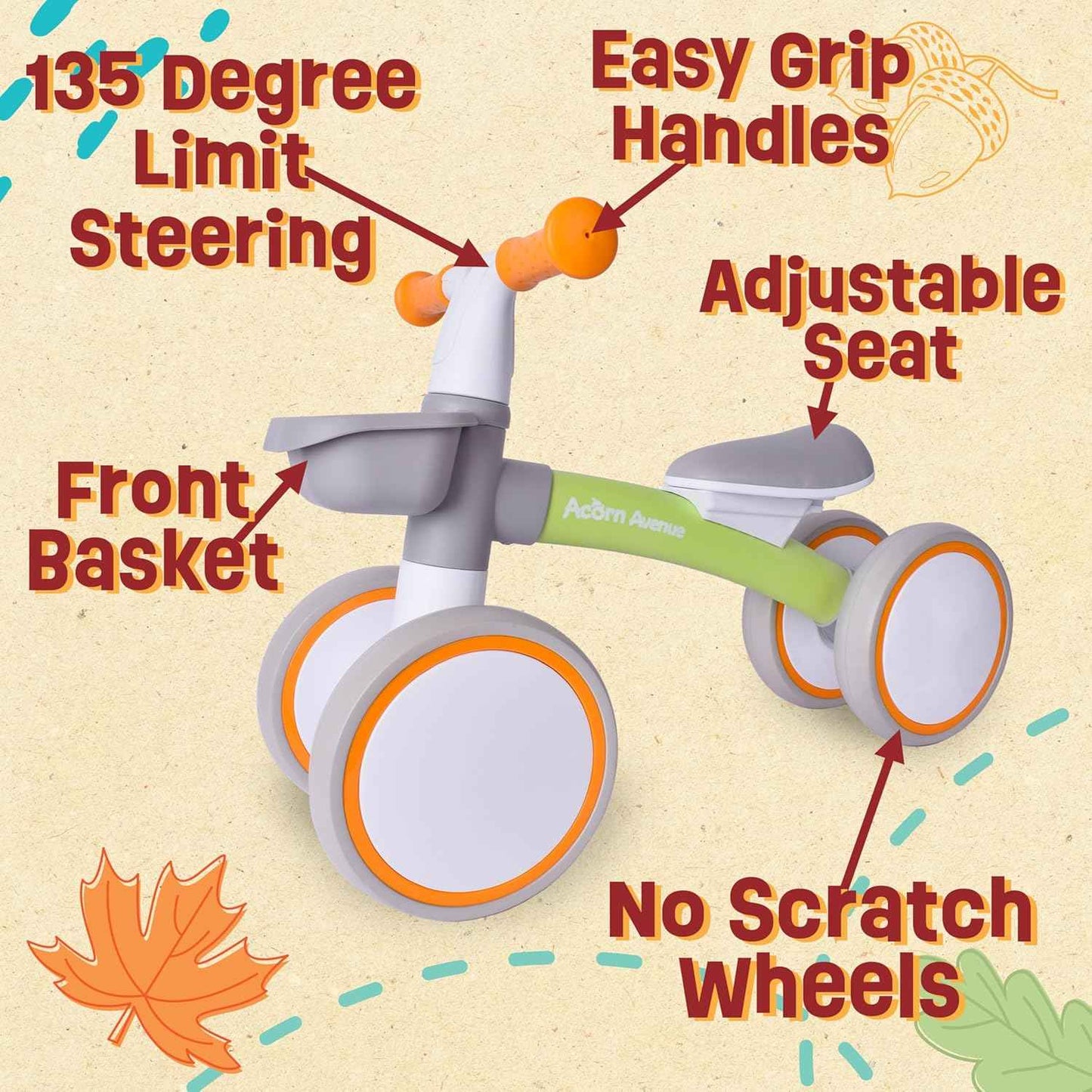 Baby Balance Bike for 1 Year Old Boys Girls 12-24 Month Toddler Balance Bike, Storage Basket, 4 Wheels and Adjustable Seat, Toddler First Bike, First Birthday Gifts