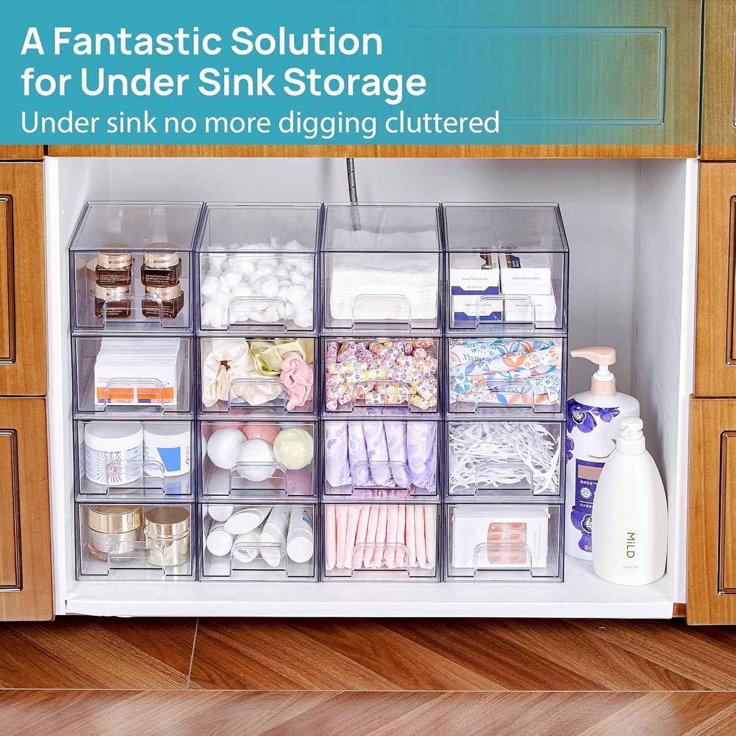 Vtopmart 4 Pack Small Clear Stackable Storage Drawers,Acrylic Bathroom Makeup Organizer,Plastic Storage Bins For Vanity, Undersink, Kitchen Cabinets, Pantry, Home Organization