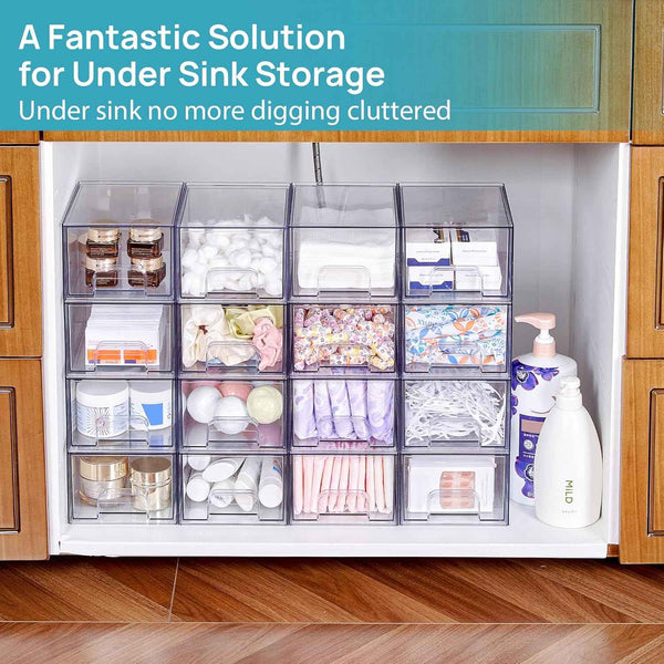 4 Pack Small Clear Stackable Storage Drawers - Acrylic Bathroom Makeup Organizer