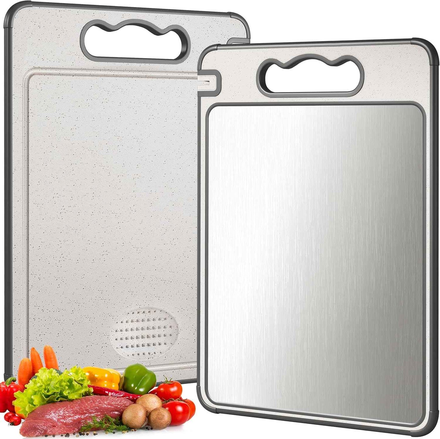 Double Sided 304 Stainless Steel & Wheat Straw Cutting Board, 14.4"*9.8" Non Toxic Chopping Board, Separately Handle Meat and Vegetables, Dishwasher Safe, Scratch Resistant Mesh Design