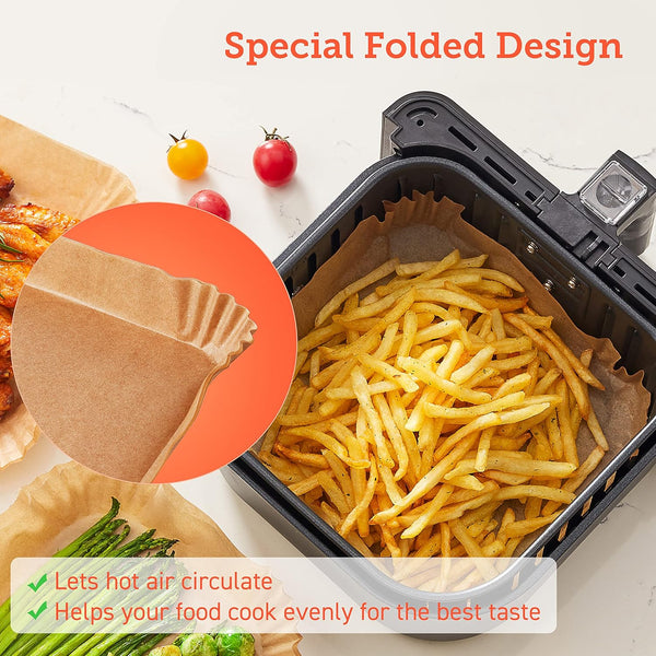 Cosori Air Fryer Liners, 100 PCS Square Disposable Paper Liners, Non-Stick Silicone Oil Coating, Little to No Cleaning, 7.9" Unbleached Food Grade, Resistant to 465°F, Thickened Not Easy to Break