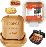 Cosori Air Fryer Liners, 100 PCS Square Disposable Paper Liners, Non-Stick Silicone Oil Coating, Little to No Cleaning, 7.9" Unbleached Food Grade, Resistant to 465°F, Thickened Not Easy to Break