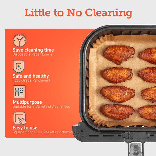 Cosori Air Fryer Liners, 100 PCS Square Disposable Paper Liners, Non-Stick Silicone Oil Coating, Little to No Cleaning, 7.9" Unbleached Food Grade, Resistant to 465°F, Thickened Not Easy to Break