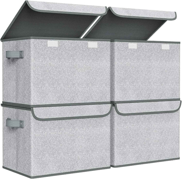 Univivi Fabric Foldable Storage Boxes [4-Pack] Large Collapsible Stackable Storage Bins with Lids, Closet Organizers and Storage Cube Basket for Home, Office, Bedroom (Gray, 17“ x 12” x 12")