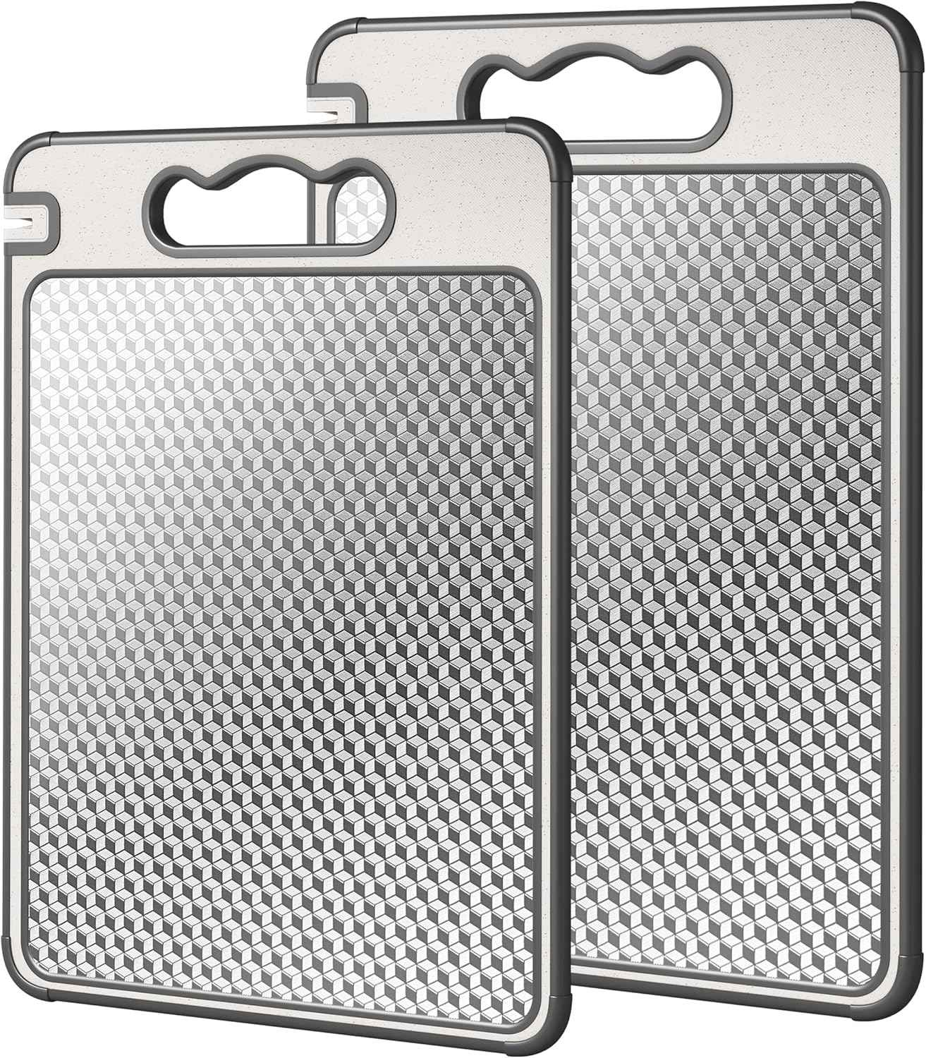 Double Sided 304 Stainless Steel & Wheat Straw Cutting Board, 14.4"*9.8" Non Toxic Chopping Board, Separately Handle Meat and Vegetables, Dishwasher Safe, Scratch Resistant Mesh Design