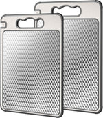 Double Sided 304 Stainless Steel & Wheat Straw Cutting Board, 14.4"*9.8" Non Toxic Chopping Board, Separately Handle Meat and Vegetables, Dishwasher Safe, Scratch Resistant Mesh Design