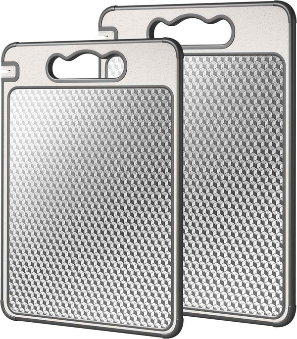 Double Sided 304 Stainless Steel & Wheat Straw Cutting Board, 14.4"*9.8" Non Toxic Chopping Board, Separately Handle Meat and Vegetables, Dishwasher Safe, Scratch Resistant Mesh Design