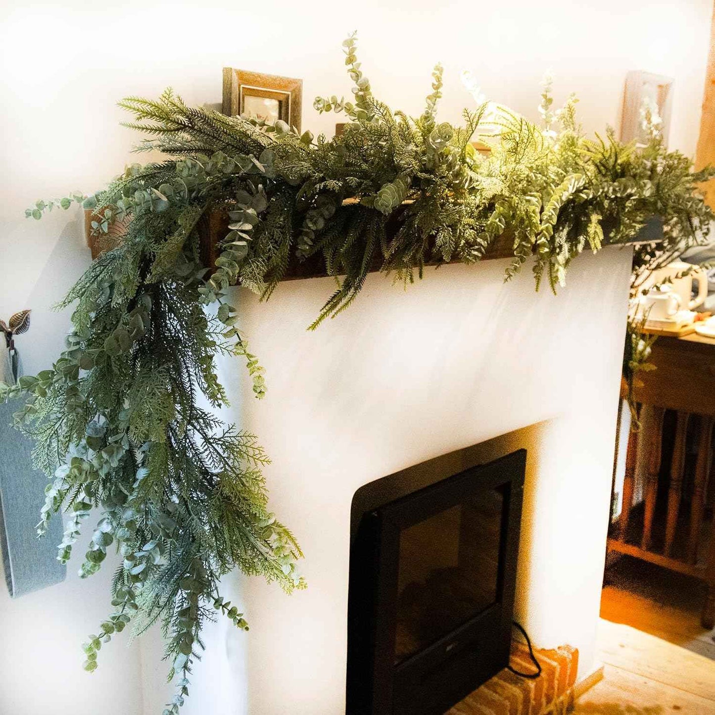 9ft Handmade Christmas Garland,Artificial Norfolk Pine Needles Greenery Seasonal Garland for Christmas Firepalce Winter Holiday Indoor Outdoor Decoration