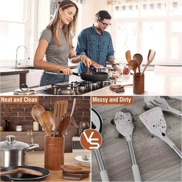 9 Piece Natural Teak Wooden Kitchen Utensil Set