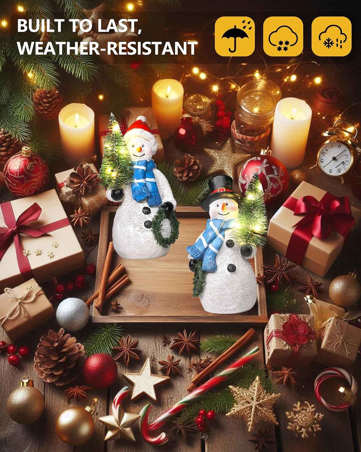 Duo 5'' Resin Snowman Figurines with Lighted Christmas Tree Wreath - Christmas Decorations Indoor Snowman Decor Ornaments Centerpiece - Winter Holiday (Snowmen)