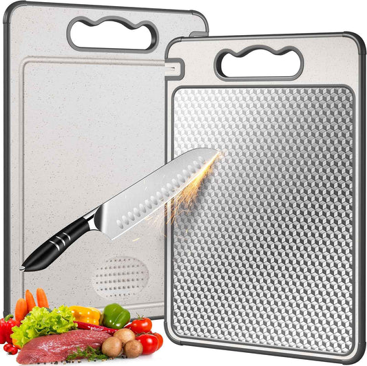 Double Sided 304 Stainless Steel & Wheat Straw Cutting Board, 14.4"*9.8" Non Toxic Chopping Board, Separately Handle Meat and Vegetables, Dishwasher Safe, Scratch Resistant Mesh Design