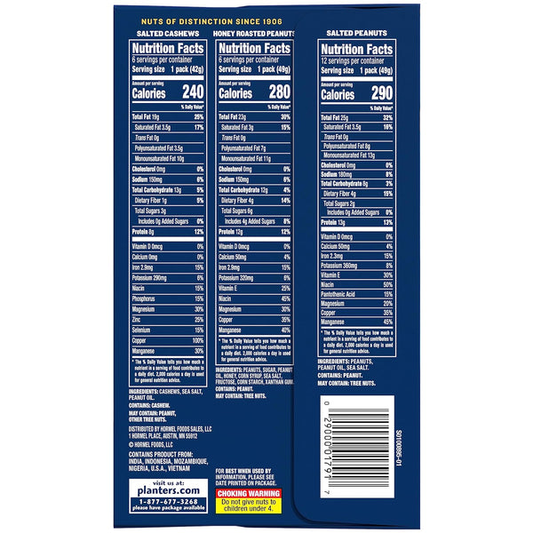 PLANTERS Variety Pack with Salted Cashews, Peanuts, and Honey Roasted Peanuts, 36 Count
