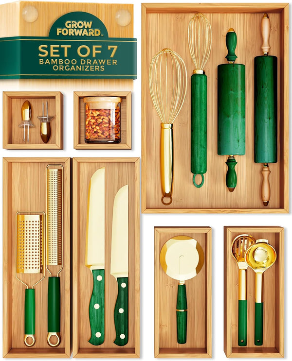 Bamboo drawer organizer boxes for kitchen, bathroom, office, and desk