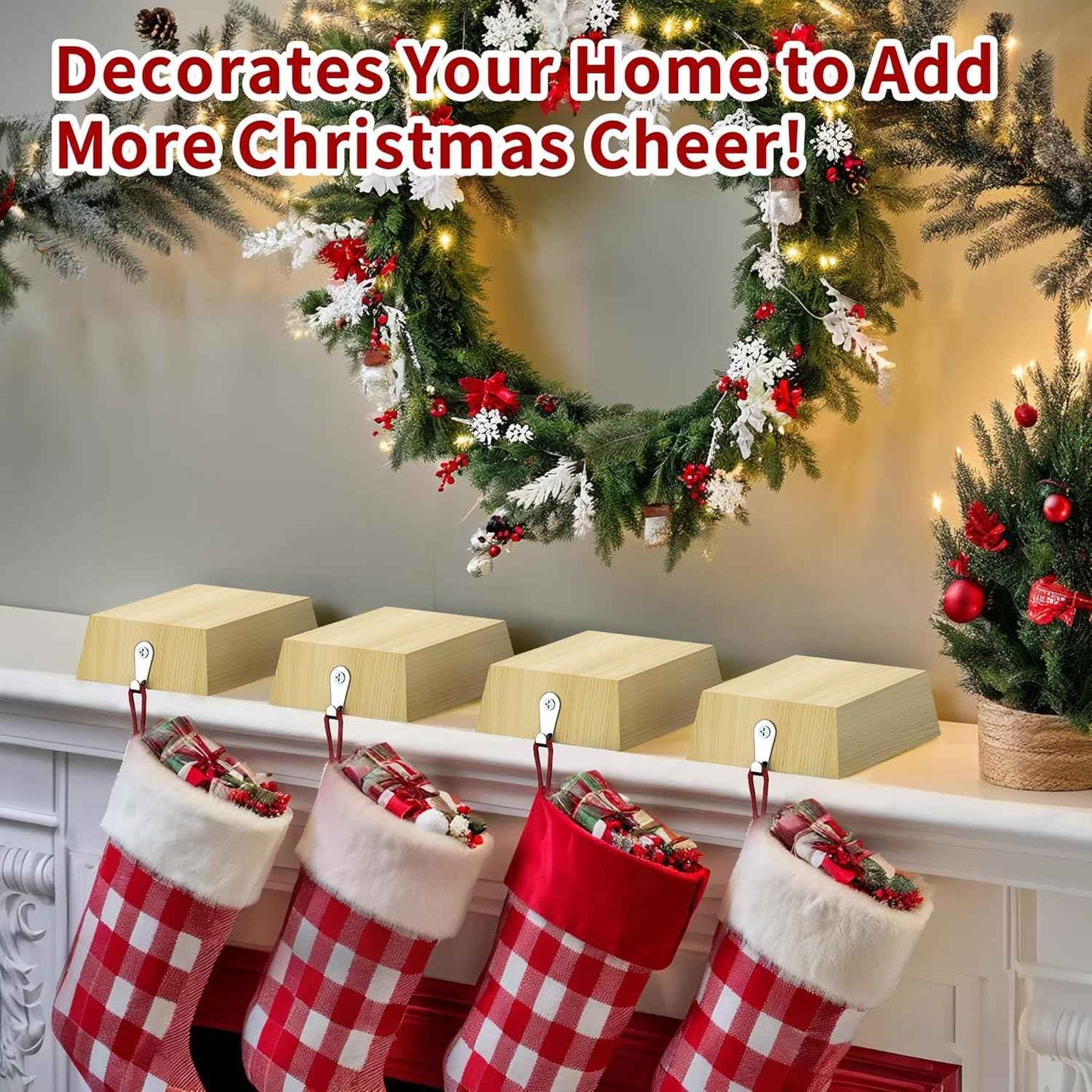 4 Pack Wooden Christmas Stocking Holders for Mantle, Christmas Stocking Hangers with Removable Tapes, Stocking Hook Christmas Ornaments for Mantle, Windows, Fireplaces Decoration