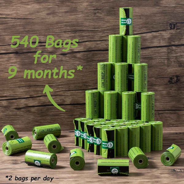 Greener Walker Poop Bags for Dog Waste, Extra Thick, Strong, 100% Leak Proof, 540 Bags, Green