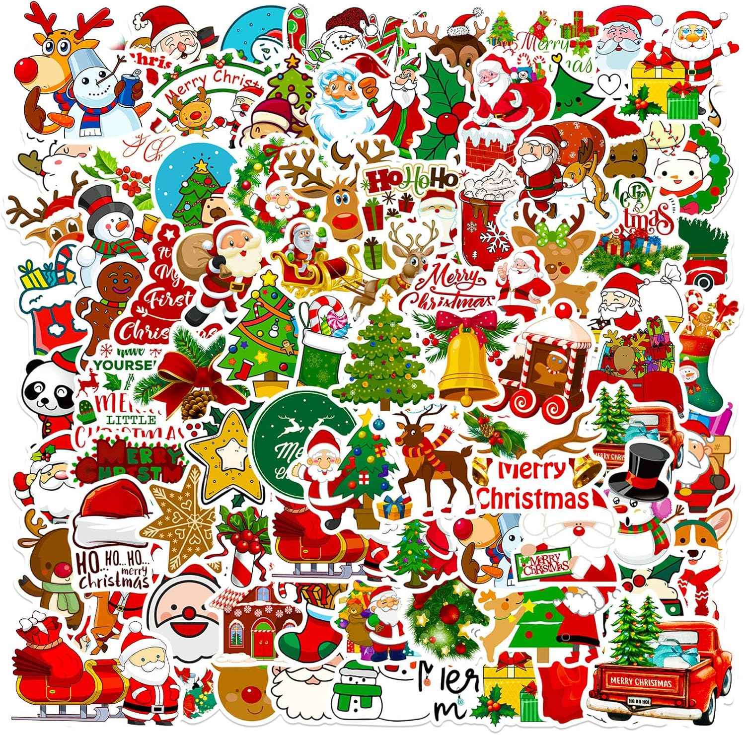 Christmas Theme Stickers, 100Pcs Vinyl Waterproof Merry Christmas Stickers for Envelopes Gifts Tags Crafts Snowboard Decorations, Funny Christmas Holiday Party Favors for Kids Teens Aduts