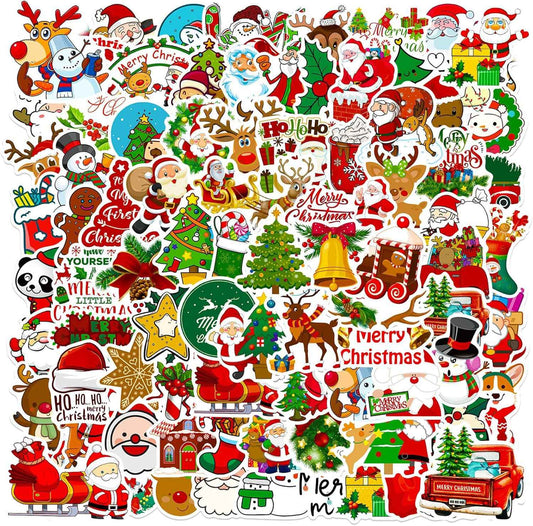 Christmas Theme Stickers, 100Pcs Vinyl Waterproof Merry Christmas Stickers for Envelopes Gifts Tags Crafts Snowboard Decorations, Funny Christmas Holiday Party Favors for Kids Teens Aduts