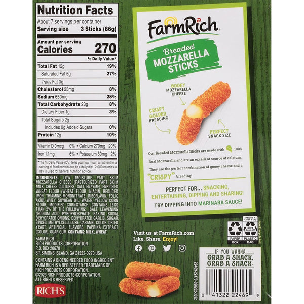 Farm Rich Breaded Mozzarella Cheese Sticks, 22 oz, Frozen Party Appetizer & Snack