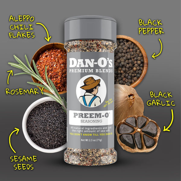 Dan-O's Preem-O Seasoning 2.5 oz, Meat Seasoning for Steak, Ribs, Chicken, Brisket, Sugar Free, Zero Calorie