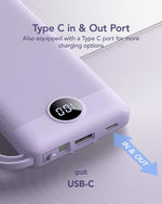 VRURC Portable Charger Power Bank, 10000mAh Travel Essentials Battery Pack, 5 Outputs 2 Inputs Slim Charging Bank Built-in Cables Cords for iPhone 17 16 15 14 13,Samsung,Android-Lavender(1 Pack)