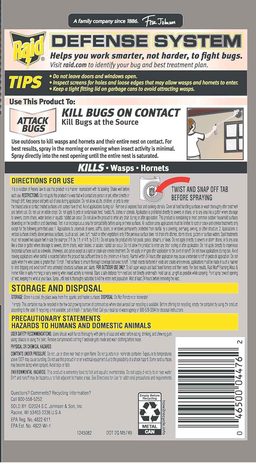 Raid Max Foaming Wasp & Hornet Killer, Fast Coverage Foam, Bug Killer Kills The Entire Nest, 16.5 oz