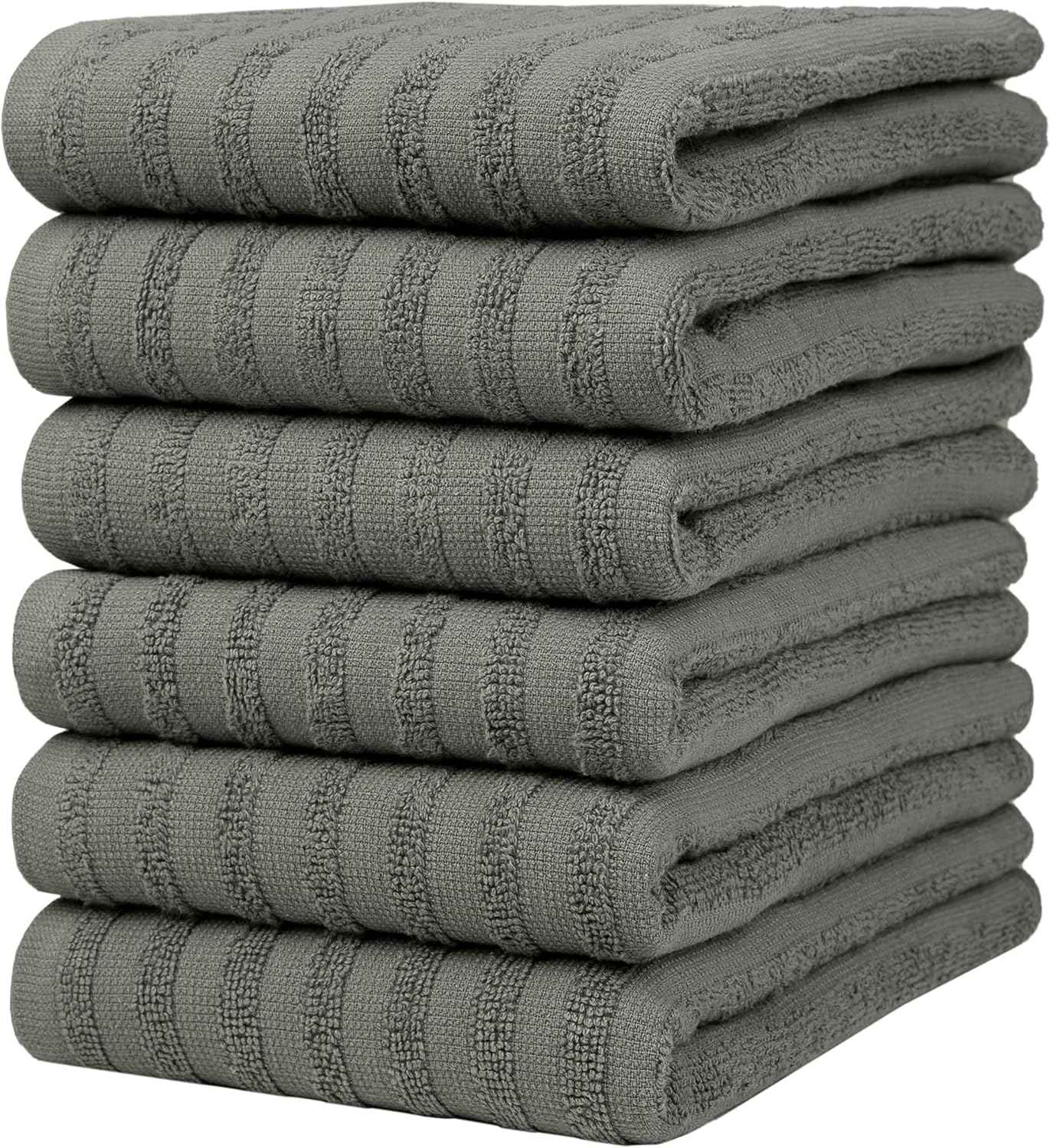 Premium Kitchen Towels (20”x 28”, 6 Pack) | Large Cotton Kitchen Hand Towel | Flat & Terry Dish Cloths | Highly Absorbent Tea Towels Set with Hanging Loop | Gray