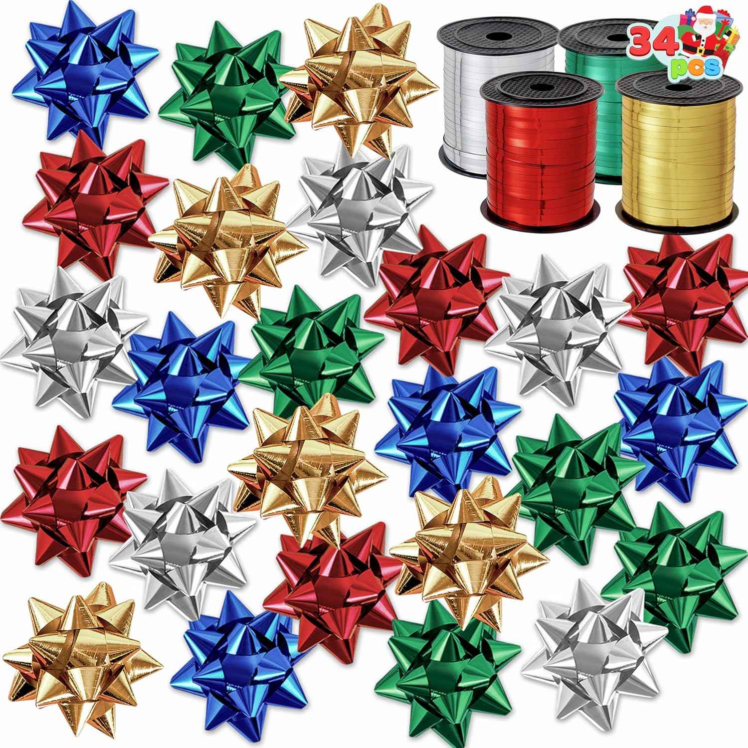 JOYIN Christmas 34 Pcs Bows and Ribbons Set, 4 Rolls of Curling Ribbons with 30 Pcs Bows, Gift Wrapping DIY for Holiday Crafts Decoration