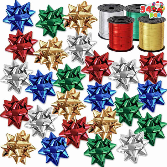 JOYIN Christmas 34 Pcs Bows and Ribbons Set, 4 Rolls of Curling Ribbons with 30 Pcs Bows, Gift Wrapping DIY for Holiday Crafts Decoration