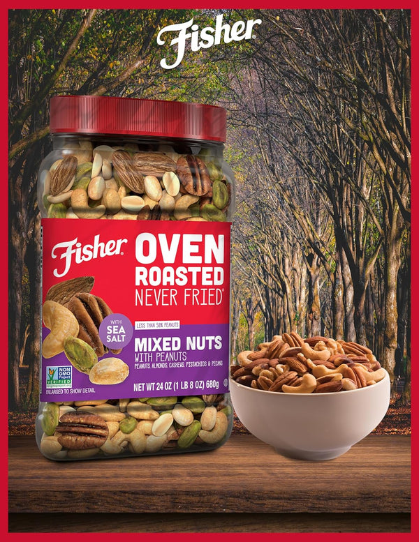 Fisher Oven Roasted Mixed Nuts with Peanuts, 24 Ounces, Reusable Canister