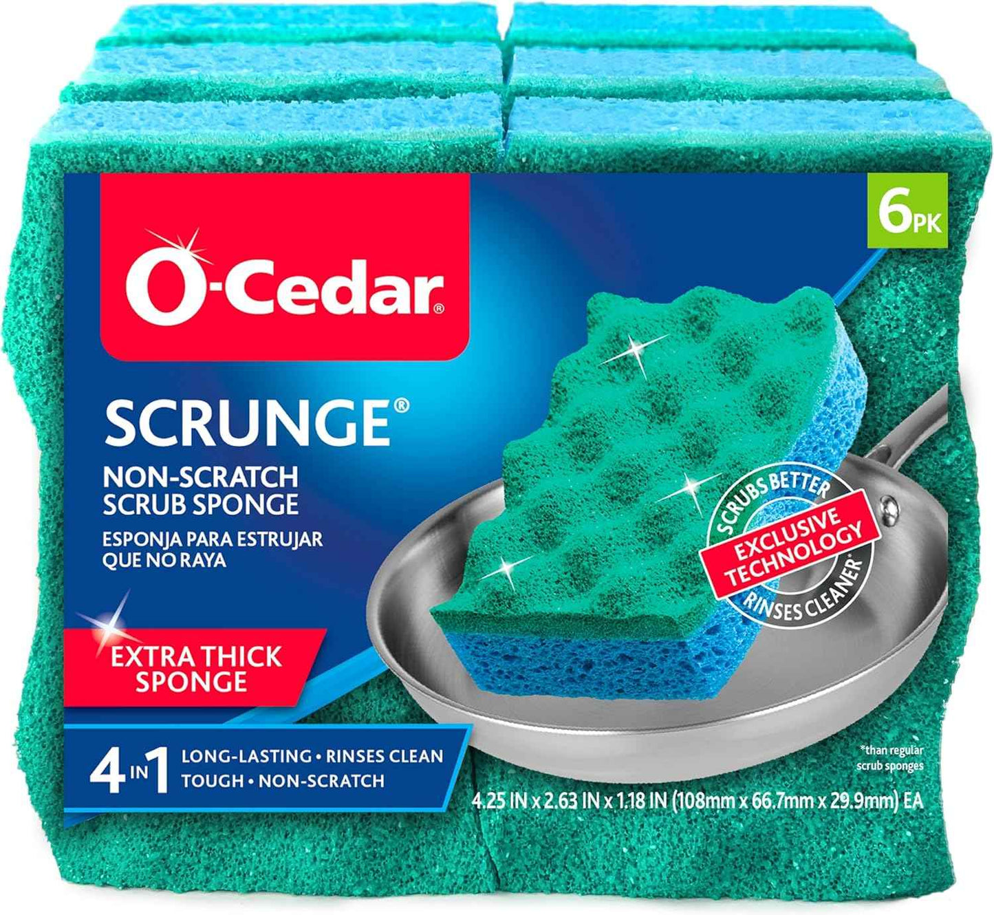 O-Cedar Scrunge Non-Scratch Scrub Sponge (Pack of 6) Multi-Use, All-Purpose, Odor-Resistant, Scrubbing Sponge Safely Cleans All Hard Surfaces in Kitchen and Bathroom