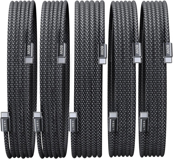 Lisen 5-pack usb c to c cable, 60w fast charging, 10ft for iphone 17, ipad, galaxy s25/s24