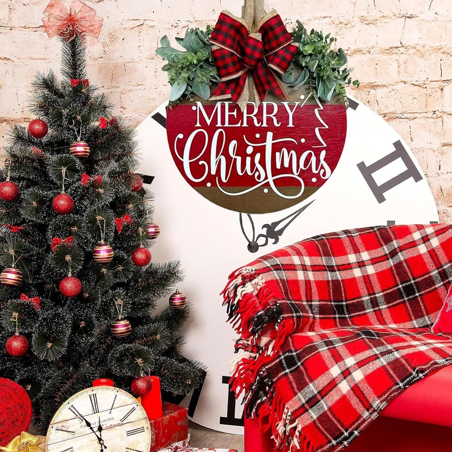 Merry Christmas Wreath Hanging Sign for Front Door, Wooden Welcome Wreaths Sign with Bow for Holiday Rustic Farmhouse Outdoor Wall Window Decor (Merry Christmas)