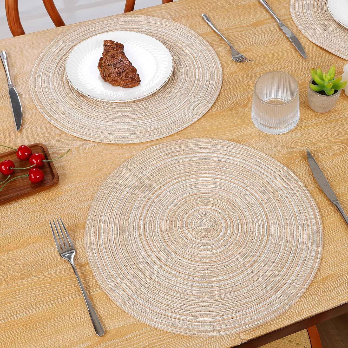 SHACOS 15 inch Round Braided Placemats Set of 6 Non Slip Heat Resistant Cotton Polyester Table Mats Washable Place Mats for Kitchen Dining Party Table Decor (Beige, 6)