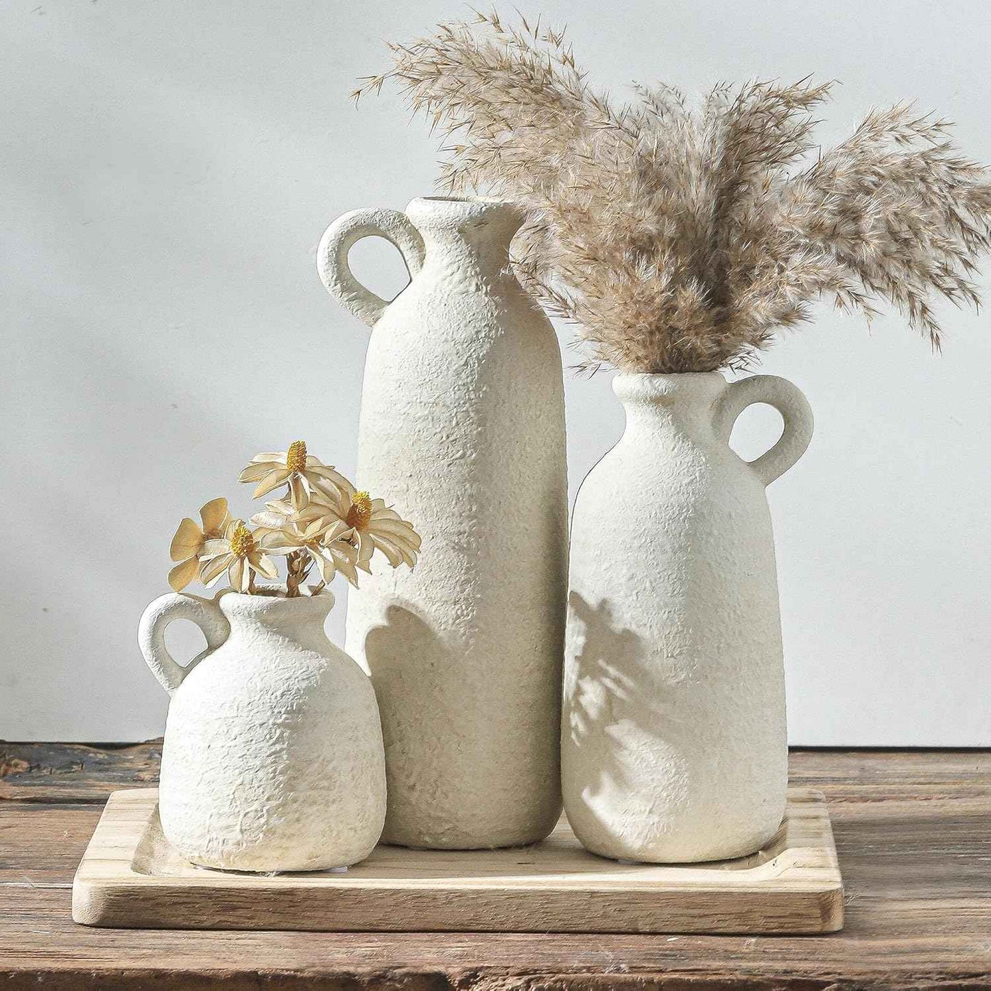 Ceramic Vases Set of 3, Neutral Rustic Farmhouse Vase with Handle, Decorative Flower Vases Home Decor Modern Boho Pampass Vase for Table Mantel Entryway Shelf Living Room Kitchen Bathroom - Brown