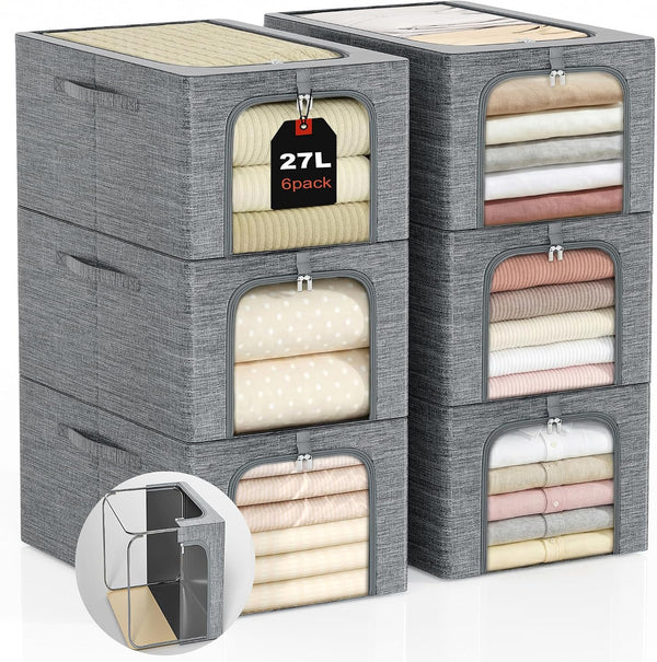 Stackable Closet Storage Bin with Metal Frame, 6-Pack, 40L Capacity