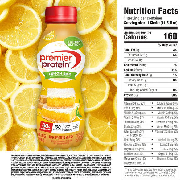 Limited Edition Lemon Bar Premier Protein Shake, 30g Protein, 24 Vitamins, 12 Pack