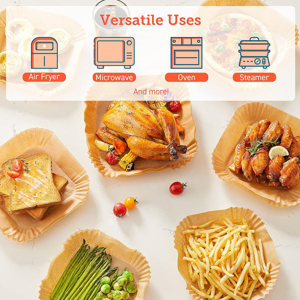Cosori Air Fryer Liners, 100 PCS Square Disposable Paper Liners, Non-Stick Silicone Oil Coating, Little to No Cleaning, 7.9" Unbleached Food Grade, Resistant to 465°F, Thickened Not Easy to Break