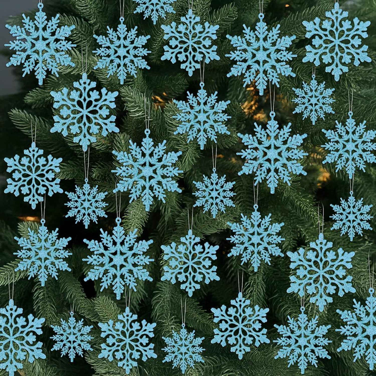 24PCS Snowflake Ornaments, Christmas White Snowflakes Tree Decorations, Plastic Glitter Snow Flakes Decorating Hanging, Xmas Tree Ornaments Indoor Ceiling Fireplace Winter Wonderland Decor