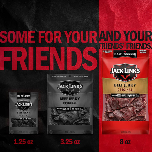 Jack Link's Beef Jerky Half Pounder - Original - Made with 100% Real Beef - Ready to Eat Real Meat Protein Snacks - 10g Protein per Serving - 8 oz Large Jerky Bag
