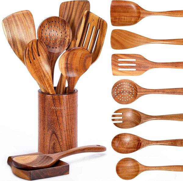 9 Piece Natural Teak Wooden Kitchen Utensil Set