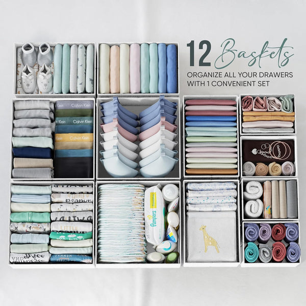 12-piece drawer organizer set for nursery, bedroom, and closet storage
