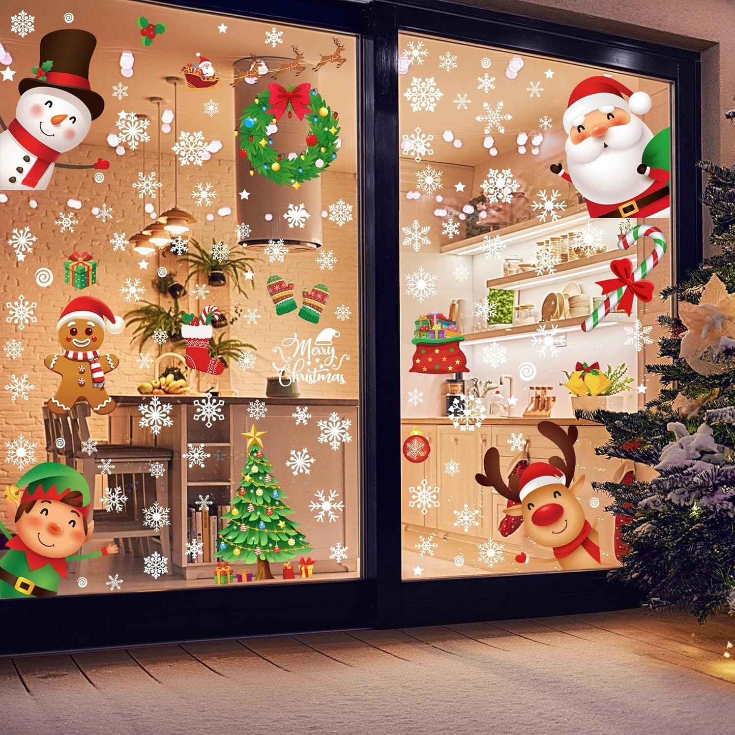 144 PCS Christmas Window Clings, Snowflake Window Clings for Stickers for Glass, Christmas Decorations Decals for Snowman Santa Claus Tree Reindeer Elf Winter Party Accessories Supplies Decor