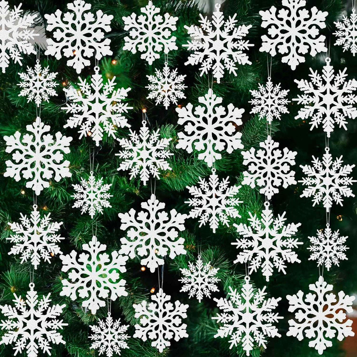24PCS Snowflake Ornaments, Christmas White Snowflakes Tree Decorations, Plastic Glitter Snow Flakes Decorating Hanging, Xmas Tree Ornaments Indoor Ceiling Fireplace Winter Wonderland Decor
