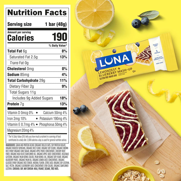 Luna Bar Mash-Ups LemonZest Blueberry Flavor 15 Pack Gluten Free Snack Bars