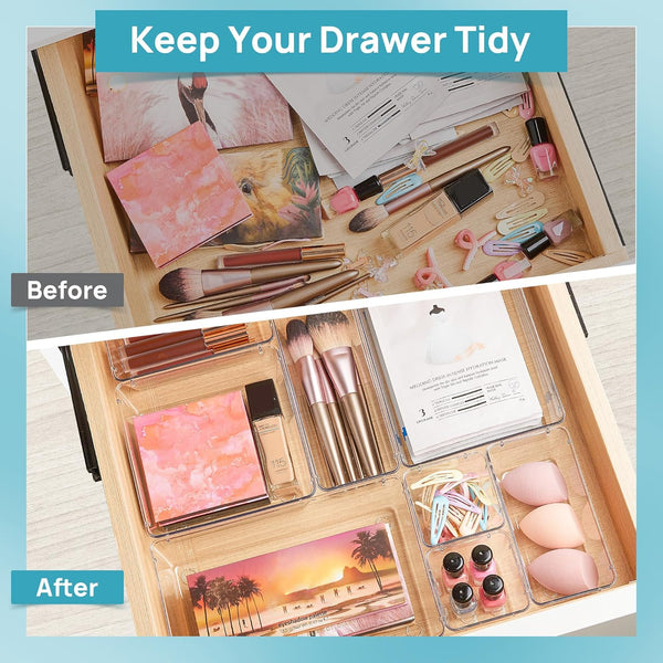 Clear Plastic Drawer Organizer Set for Bathroom Vanity and Kitchen
