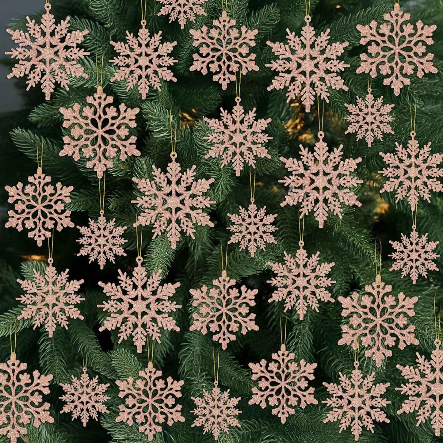 24PCS Snowflake Ornaments, Christmas White Snowflakes Tree Decorations, Plastic Glitter Snow Flakes Decorating Hanging, Xmas Tree Ornaments Indoor Ceiling Fireplace Winter Wonderland Decor