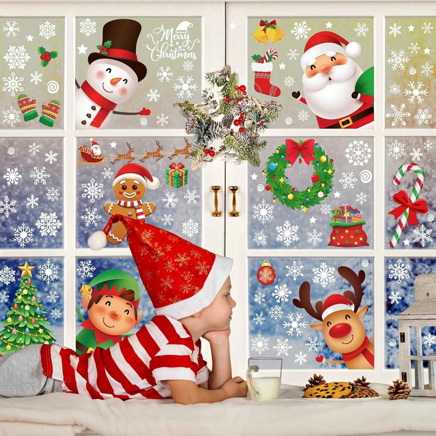 144 PCS Christmas Window Clings, Snowflake Window Clings for Stickers for Glass, Christmas Decorations Decals for Snowman Santa Claus Tree Reindeer Elf Winter Party Accessories Supplies Decor