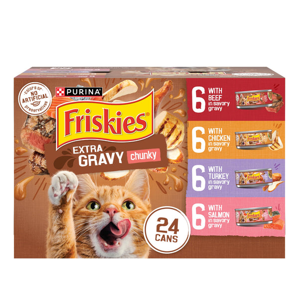 purina friskies 24ct variety pack canned cat food extra gravy with chicken turkey salmon beef 5.5 oz cans