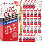 Bugbane Fly Strips Indoor Sticky Hanging 24pk with Pins, Non-Toxic Fly Trap for Home, Flies, Gnat, Fruit Fly, and Housefly.